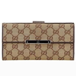 🤎🔹️Gucci 🔹️GG canvas logo plate long wallet beige brown leather